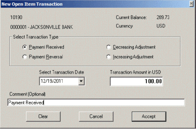 New Open Item Transaction dialog box New Open Item Transaction dialog box