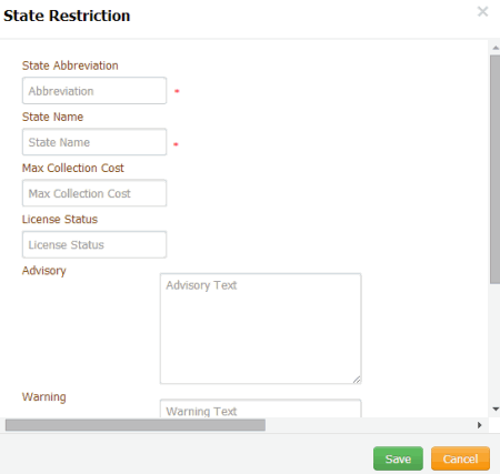 State Restriction dialog box