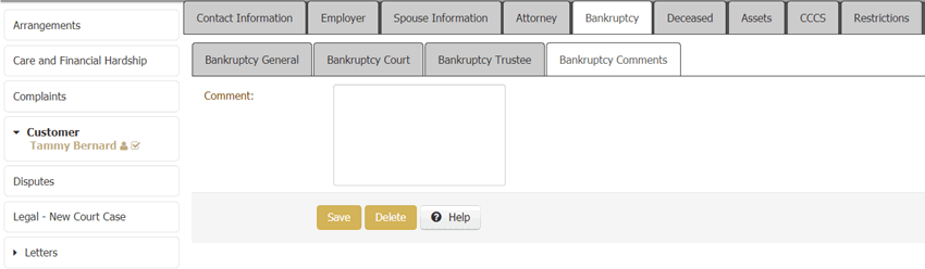 Bankruptcy panel - Bankruptcy Comments tab