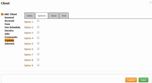 Client dialog box - Custom Options tab