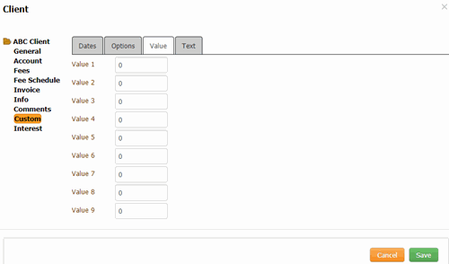 Client dialog box - Custom Values tab