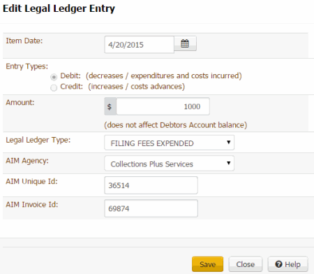 Edit Legal Ledger Entry dialog box