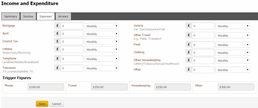 Income and Expenditure dialog box - Expenses tab