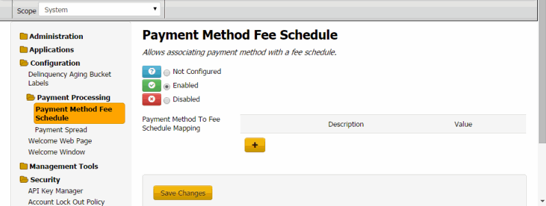 Payment Method Fee Schedule panel