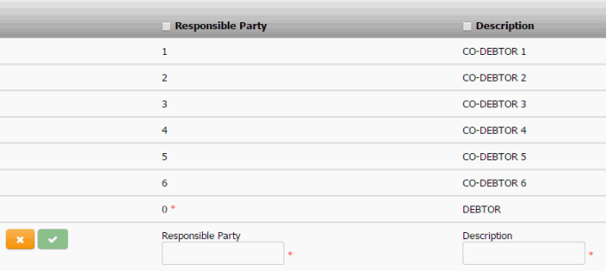 Responsible Party Codes panel - add