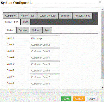 System Configuration dialog box - Customer Titles tab - Dates tab