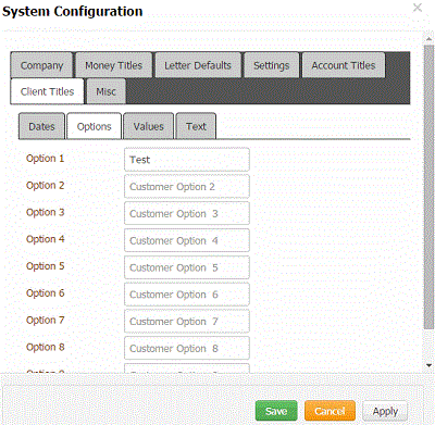 System Configuration dialog box - Customer Titles tab - Options tab