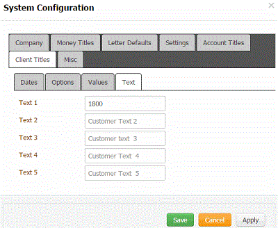 System Configuration dialog box - Customer Titles tab - Text tab