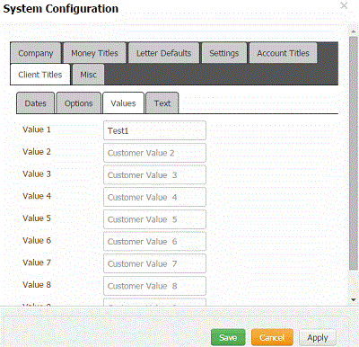 System Configuration dialog box - Customer Titles tab - Values tab