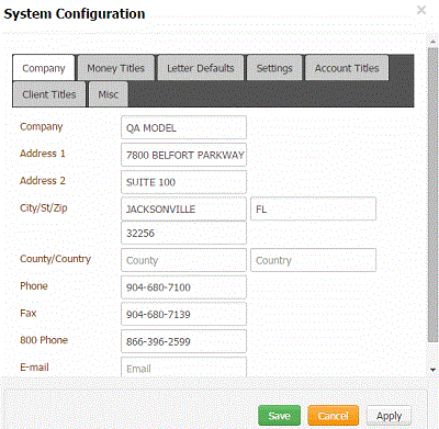 System Configuration dialog box - Company tab