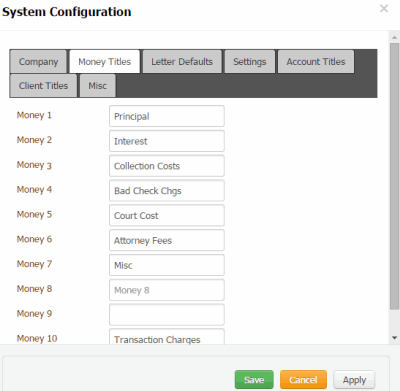 System Configuration dialog box - Money Titles tab