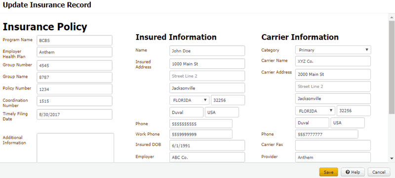 Update Insurance Record dialog box