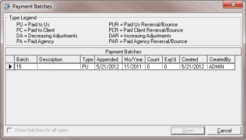 Payment Batches dialog box Payment Batches dialog box
