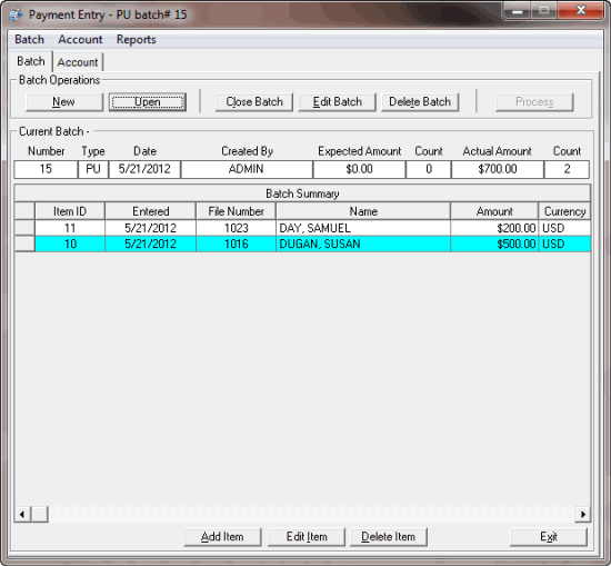 Payment Entry window - Batch tab Payment Entry window - Batch tab
