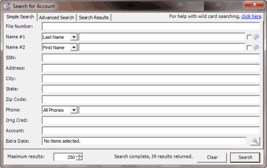 Search for Account window Search for Account window