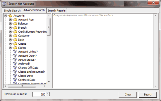 Latitude Search - Search for Account window - Advanced Search tab Latitude Search - Search for Account window - Advanced Search tab