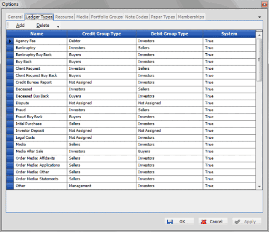 Options window - Ledger Types tab Options window - Ledger Types tab