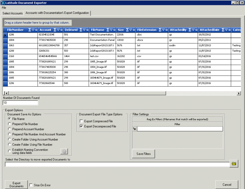 Accounts With Documentation/Export Configuration tab Accounts With Documentation/Export Configuration tab