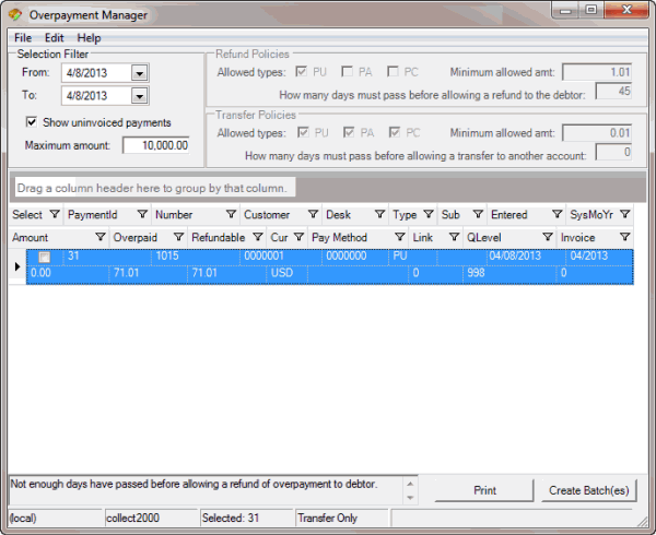 Overpayment Manager window - view overpayments