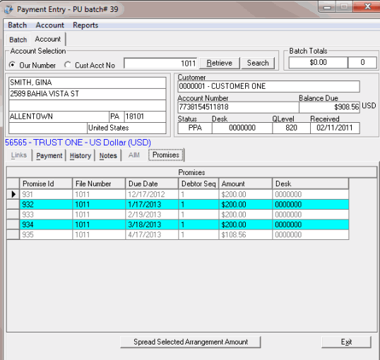 Payment Entry Window - Account tab - Promises tab