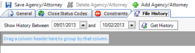 Agencies/Attorneys pane - File History tab Agencies/Attorneys pane - File History tab