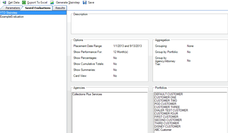 Saved Evaluations tab - details Saved Evaluations tab - details