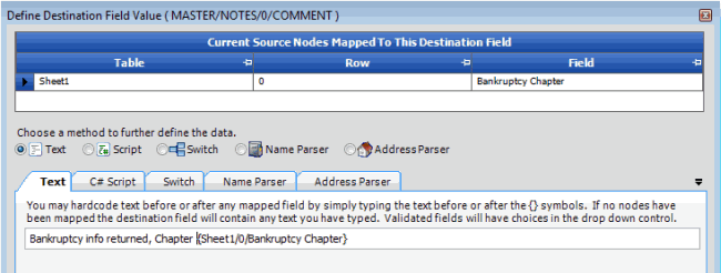 Define Destination Field Value window