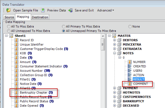 Data Translator window - Mapping tab