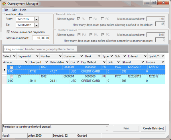 Overpayment Manager window - transfer overpayment