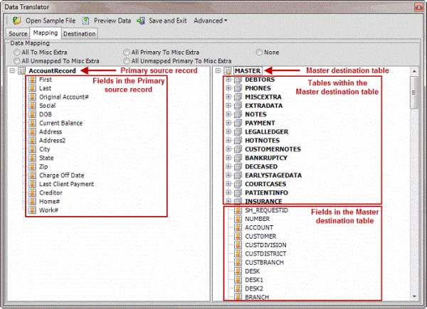 Data Translator window - Mapping tab Data Translator window - Mapping tab