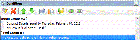 Query Designer Report Form window - Conditions pane - simple grouping Query Designer Report Form window - Conditions pane - simple grouping