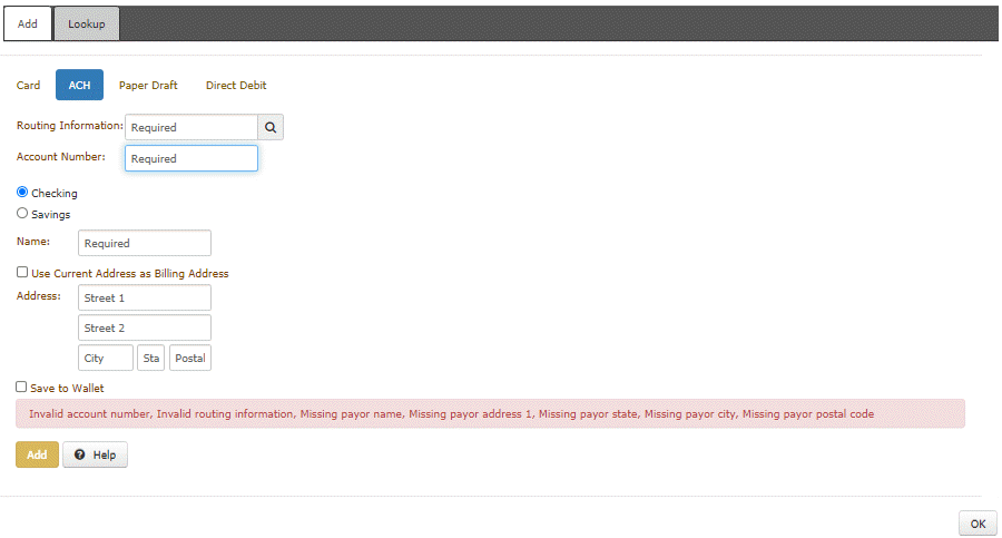 ACH tab - Payment Instrument dialog box