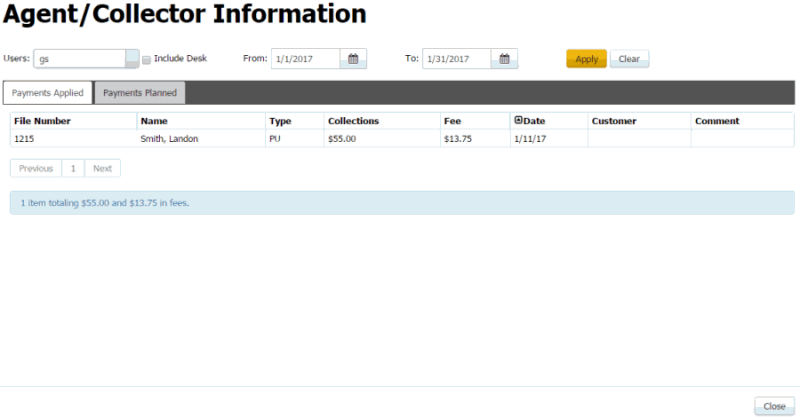 Agent/Collector Information dialog box - Payments Applied tab