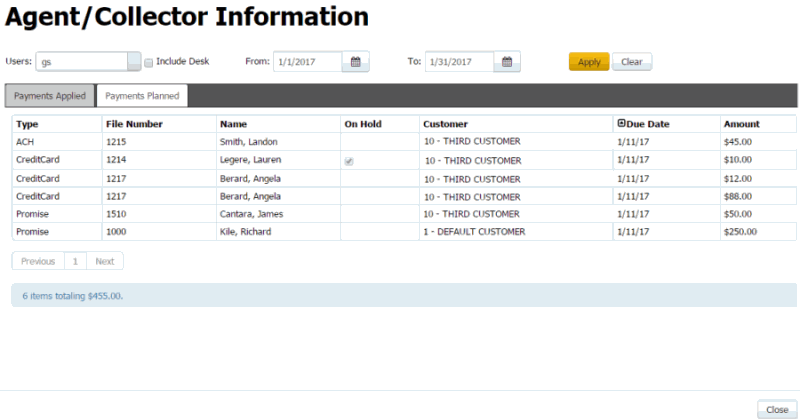 Agent/Collector Information dialog box - Payments Planned tab