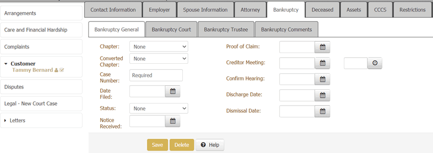 Bankruptcy tab - Bankruptcy General tab