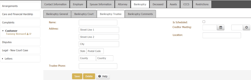 Bankruptcy panel - Bankruptcy Trustee tab