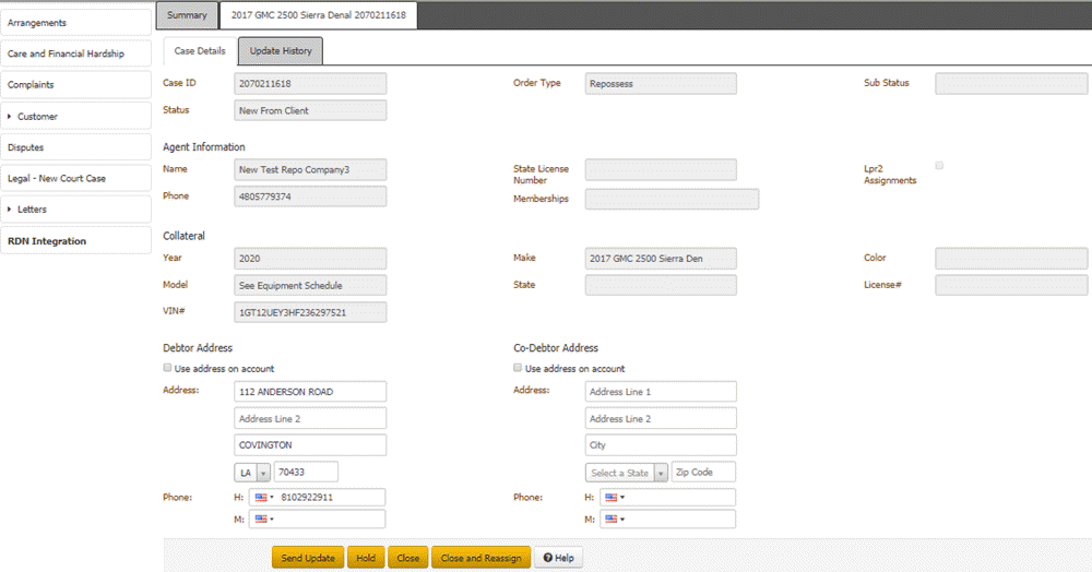 RDN Integration panel - Case Details tab