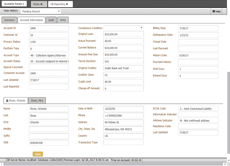 CB Reporting panel - Account Information tab