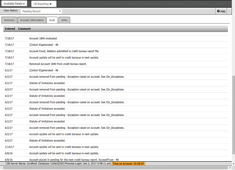 CB Reporting panel - Audit tab