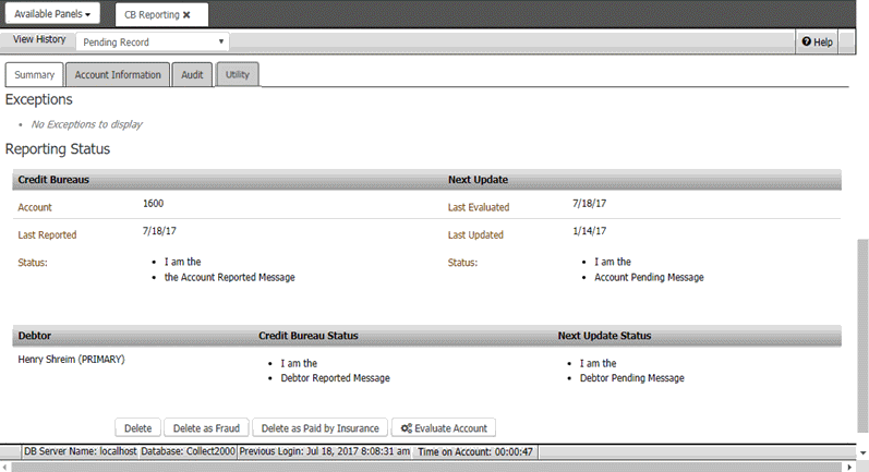 CB Reporting panel - Summary tab