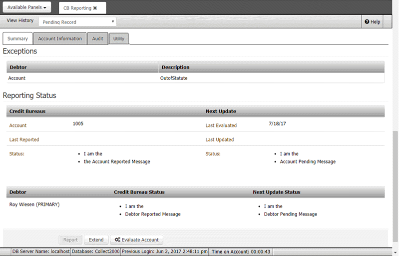 CB Reporting panel - Summary tab