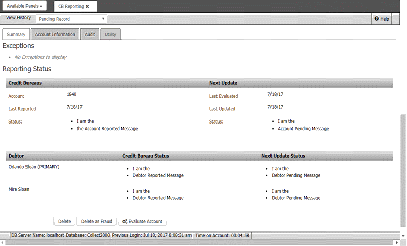 CB Reporting panel - Summary tab