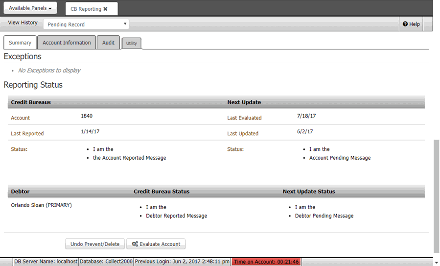 CB Reporting panel - Account Information tab