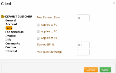 Client dialog box - Fees tab