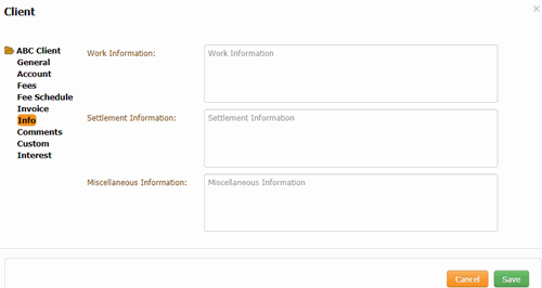 Client dialog box - Info tab