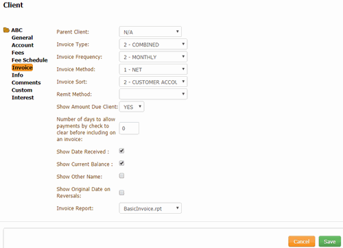 Client dialog box - Invoice tab