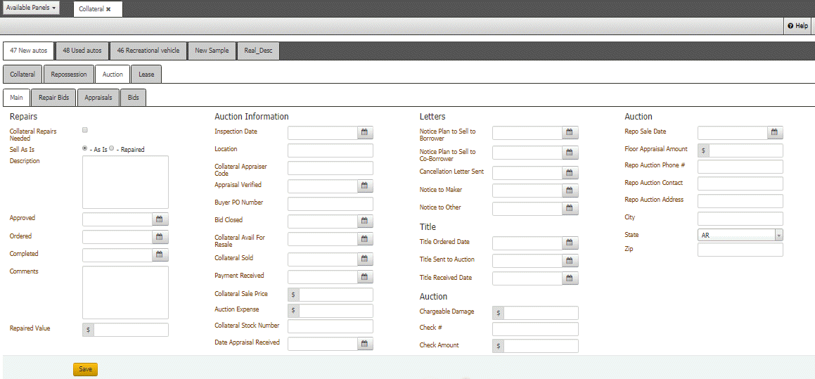 Automotive panel - Auction tab