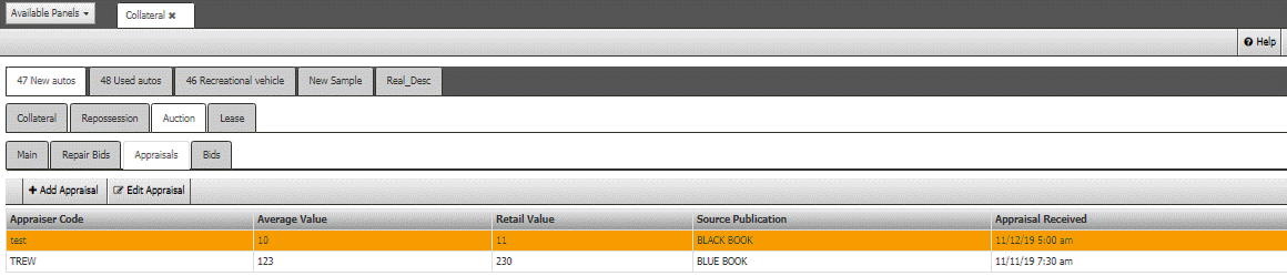 Automotive panel - Auction tab - Appraisals tab