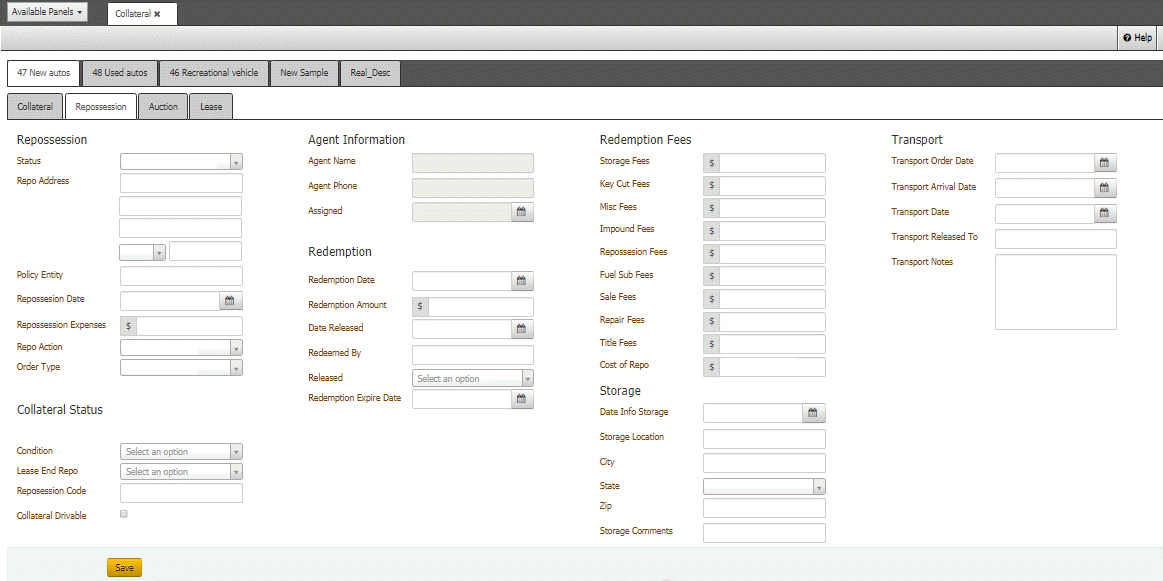 Collateral panel - Repossession tab