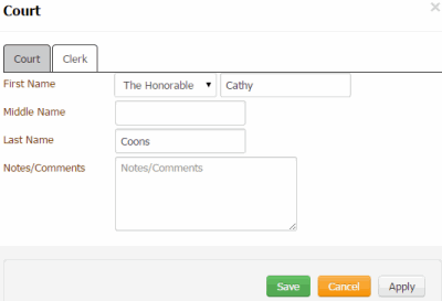 Court dialog box - Clerk tab